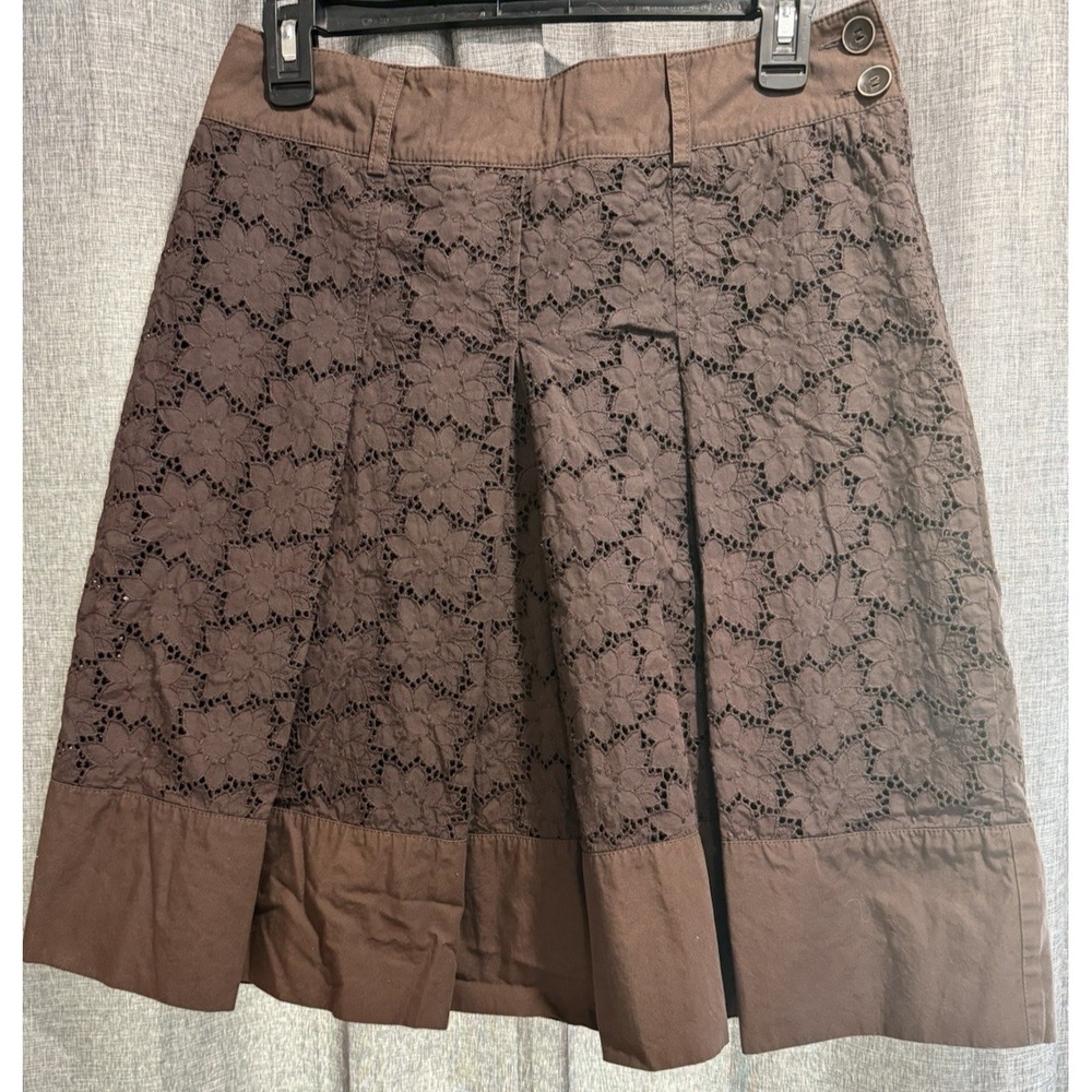 Marella Brown Floral Lace Cutout Box Lined Pleated Skirt Size 6 Made in Italy